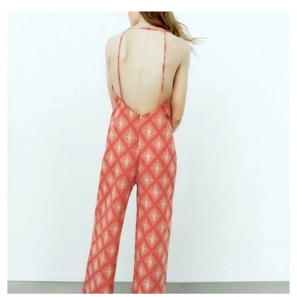 Zara The Jami Jumpsuit V-Neck Open Back Wide Leg Terracotta Print Small‎ NWT